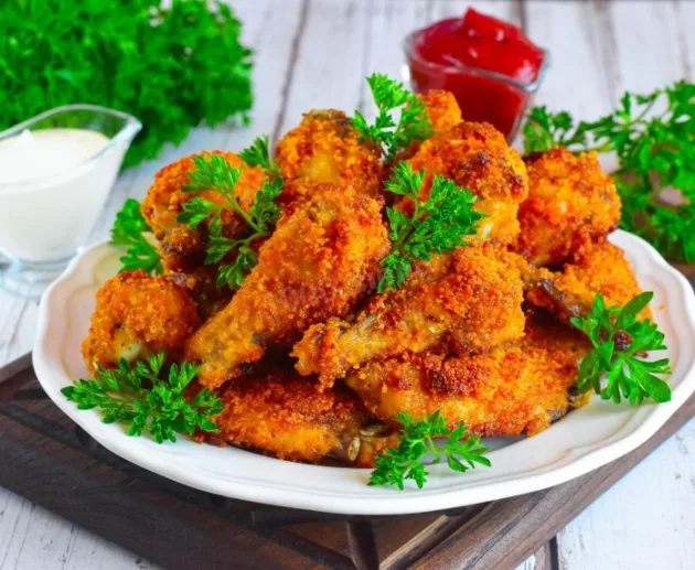 Хрустящие куриные крылышки в духовке - Хрустящие куриные крылышки в панировке рецепт. 1 кг куриных крылышек, 50 г панировочных сухароей, 80 г сливочного масла, 1 чайная ложка сухих специй, 1 чайная ложка паприки, 1 чайная ложка сухого чеснока, черный молотый перец по вкусу. Хрустящие куриные крылышки в панировке