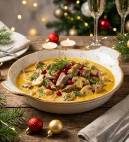 Говядина по-строгановски с грибами – русская классика, под новогодний стол