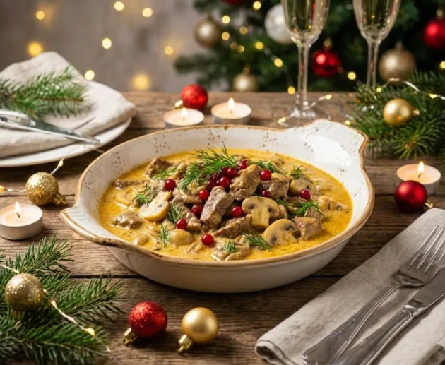 Говядина по-строгановски с грибами - русская классика, под новогодний стол