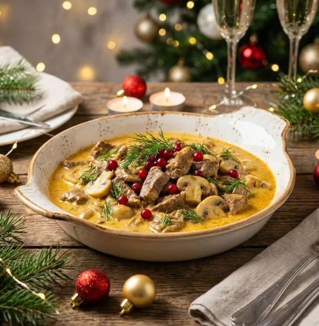 Говядина по-строгановски с грибами - русская классика, под новогодний стол