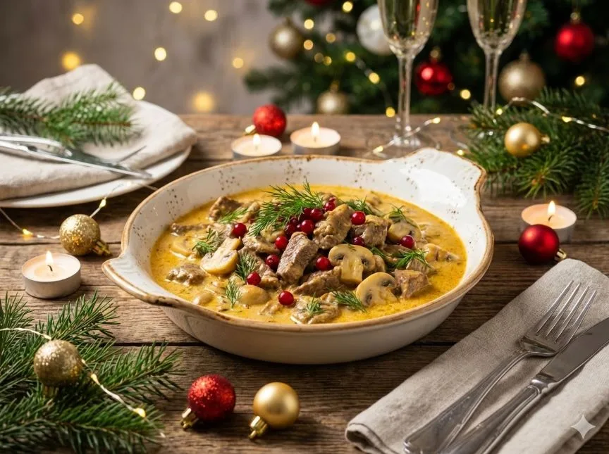 Говядина по-строгановски с грибами - русская классика, под новогодний стол